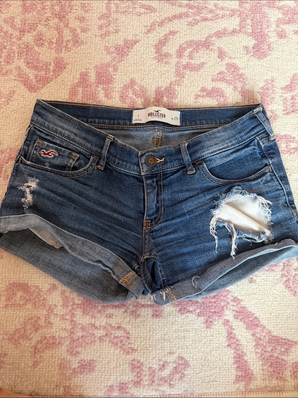 Hollister Medium Blue Distressed Rolled-Hem Denim Shorts